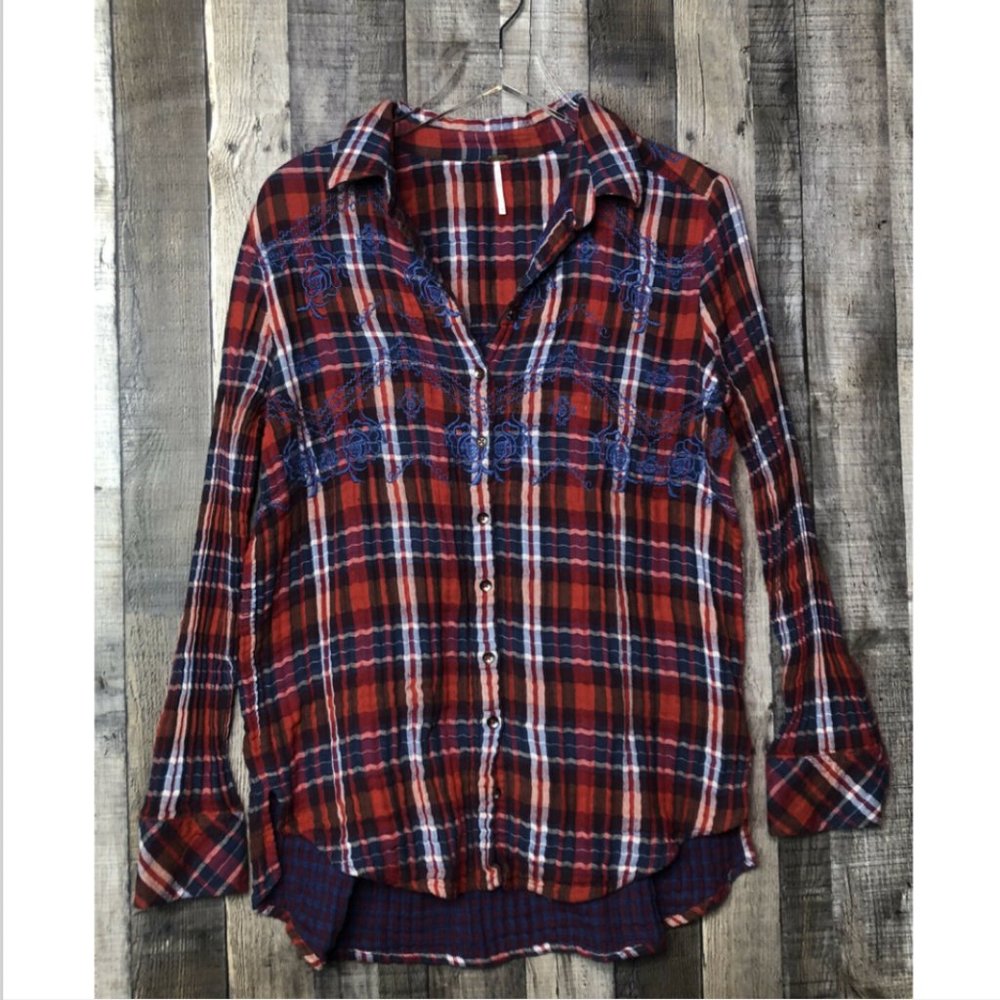 Free People Magical Red Plaid Embroidered Boyfriend Fit Western Flannel Large